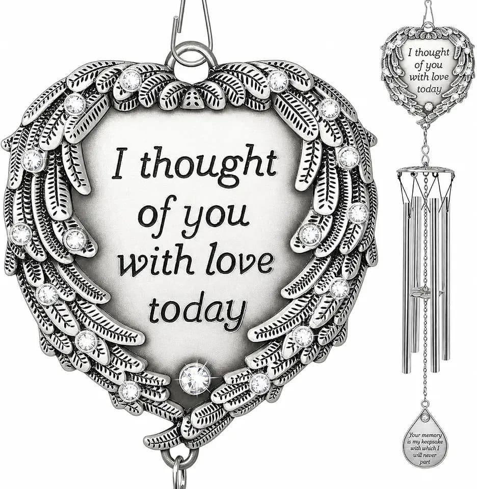 Memorial Wind Chimes Outdoor – Sympathy Gift for Loss of Loved One, Mom, Dad, Husband or Wife – I Thought of You with Love Today Poem – Angel Wings Heart Charm – in Loving Memory Wind Chime, 23 Inch