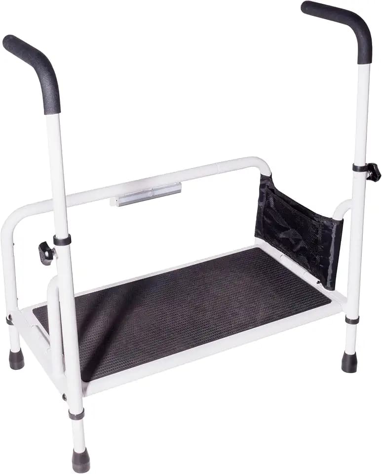 Stander Step-Stool, Portable Step with Adjustable Handles for Seniors and Elderly Adults, Extra Wide Heavy Duty Step-Ladder for Fall Prevention, Grab Bars, Motion Activated LED Light, White