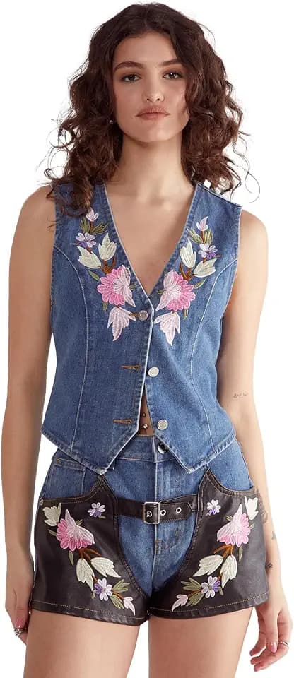 Nasty Gal Women's Floral Embroidered Denim Waistcoat