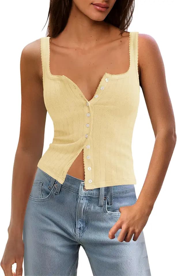 Panadila Women Ribbed Square Neck Button Down Summer Tank Top