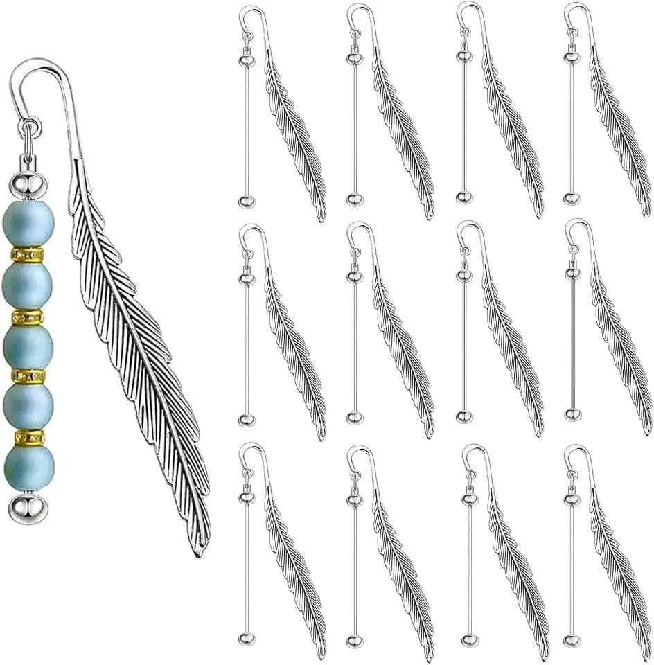 15 Pack Beadable Bookmark with Blank Bar Metal DIY Feather Bookmarks for Beading Beads Pendants Charms Book Marks Maker Collections Craft for Book Lover, Vintage Silver