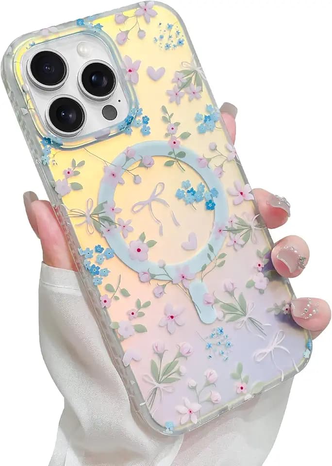 Magnetic Cute Pink Flower Heart Bow Case for iPhone 15 Pro, White