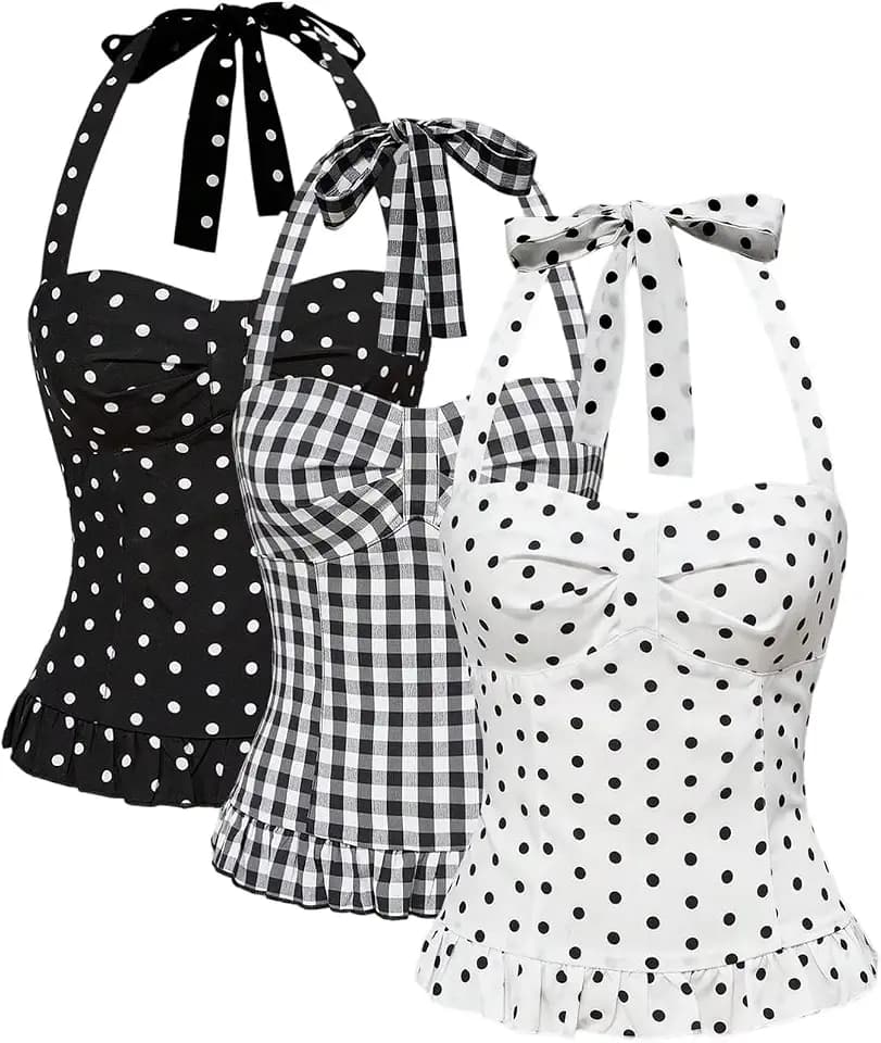WDIRARA Women's 3 Pack Halter Tops Polka Dots Gingham Tie Backless Tank Top