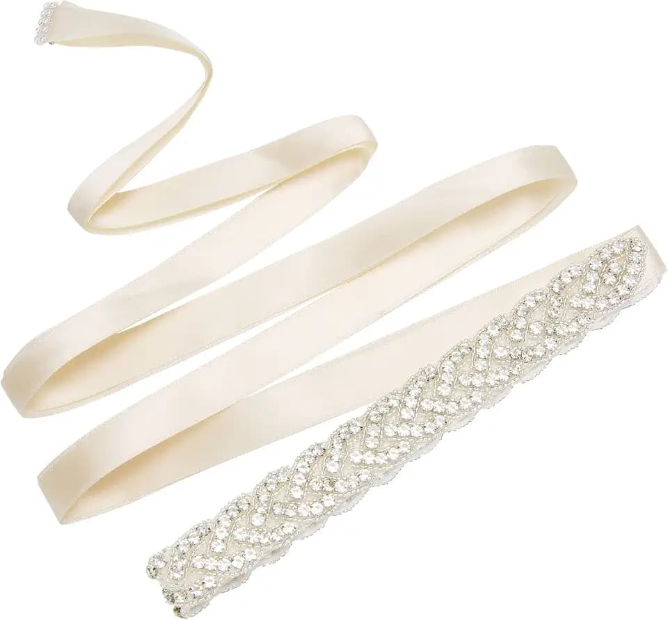 Kristall Strass Gürtel Hochzeit Satin Schärpe Brautgürtel für Party Brautjungfernkleider Ballkleid Abendkleider Taillengürtel Zubehör,Ivory White