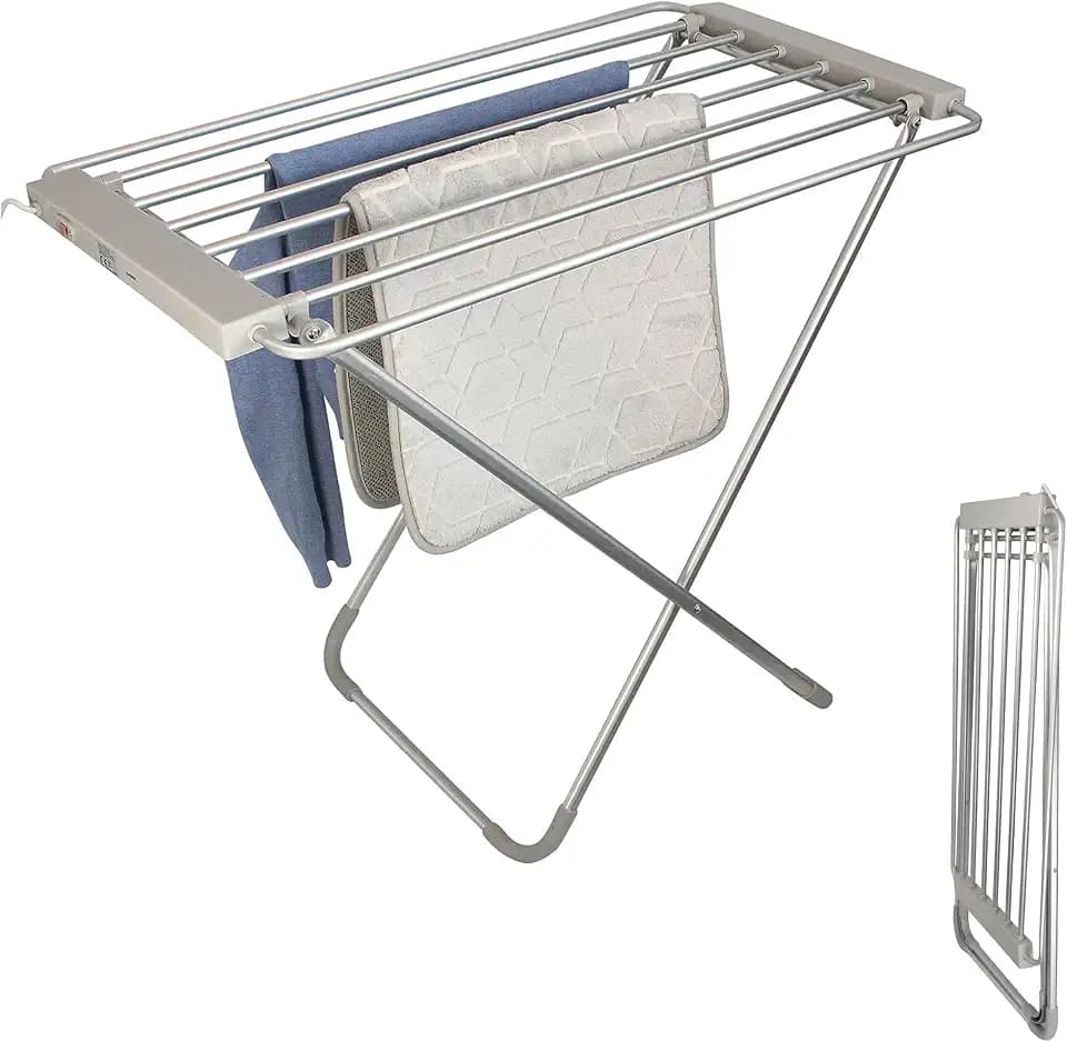 Fishtec Elektrischer beheizter Wäschetrockner 8 Stangen - Elektrischer Handtuchtrockner - Handtuchhalter - Praktik - 95 X 63 X 74 cm - Aluminium gebürstet