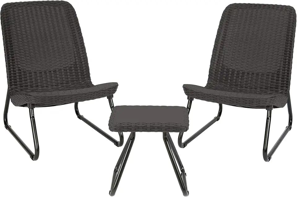 Keter Rio 3 Piece Resin Wicker Patio Furniture Set with Side Table and Outdoor Chairs for Front Porch and Backyard Decor, Dark Grey