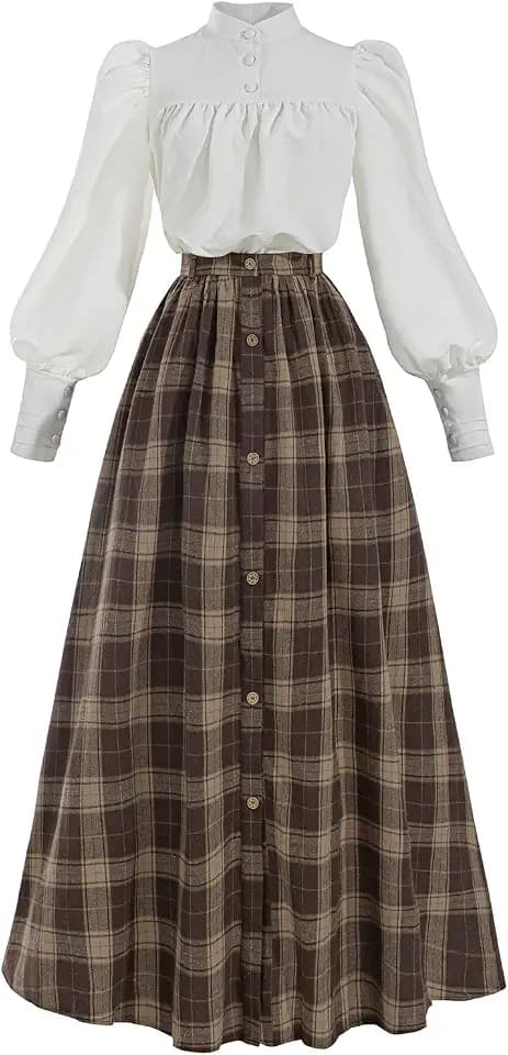 Nuoqi Edwardian Dress for Women 2 Piece 1800s Victorian Costume Blouse with Plaid Skirt