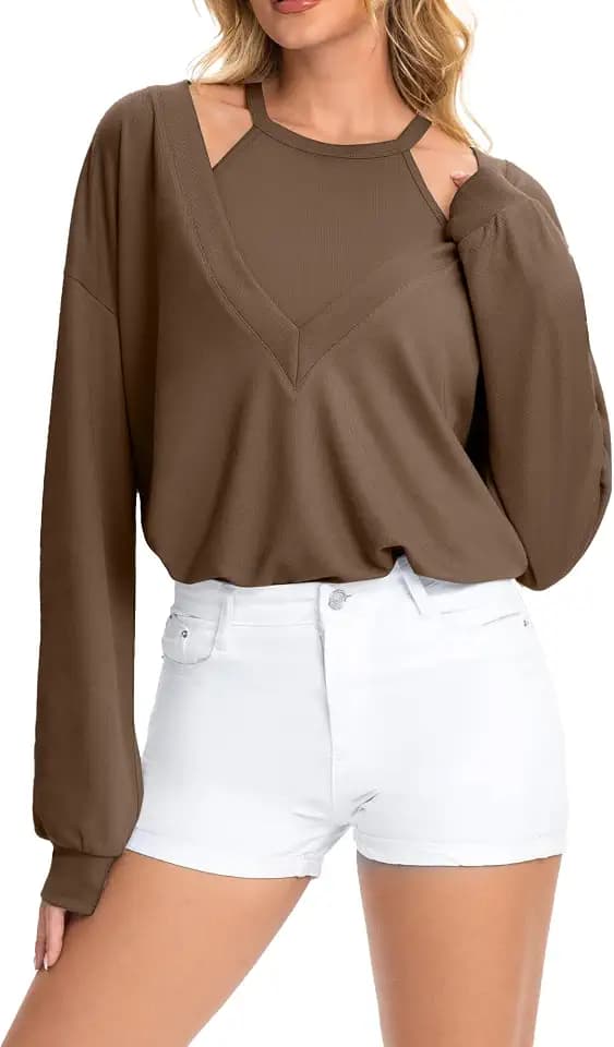Y2K Style 2 Piece Outfits for Women, Ribbed Knit Halter Crop Top and Oversized Long Sleeve V Neck Lounge Sets