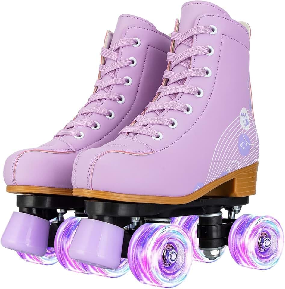 Roller Skates for Girls and Women, Cozy PU Leather Pink Purple Light Up Skates, Indoor Outdoor Skates for Youth Beginner Girls Ages 8-12