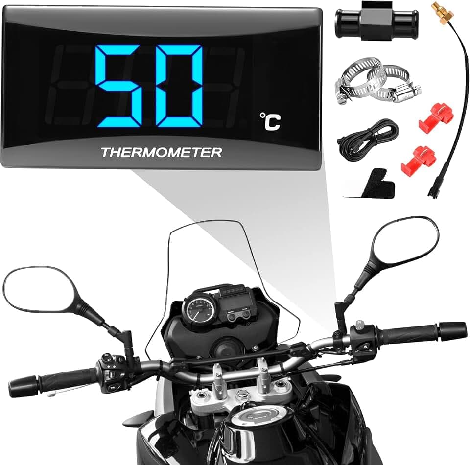 Universelles Motorrad Digitalthermometer mit 18/22 mm Adapter, Metallsonden Temperatursensor, wasserdichte LED-Digitalanzeige, Blaulicht Temperatursensor für KOSO, bleu (22mm)