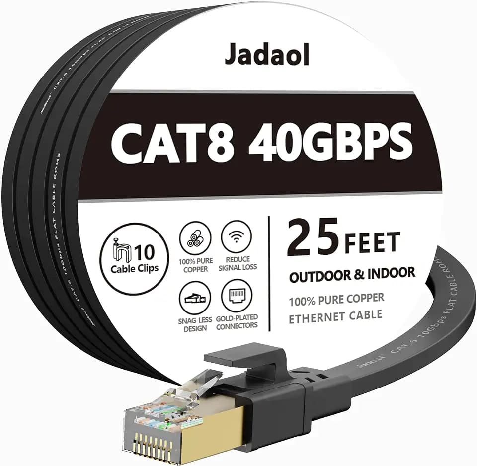 Jadaol Cat8 Ethernet Cable 25ft 40Gbps 2000MHz Flat S/FTP LAN Cable Black