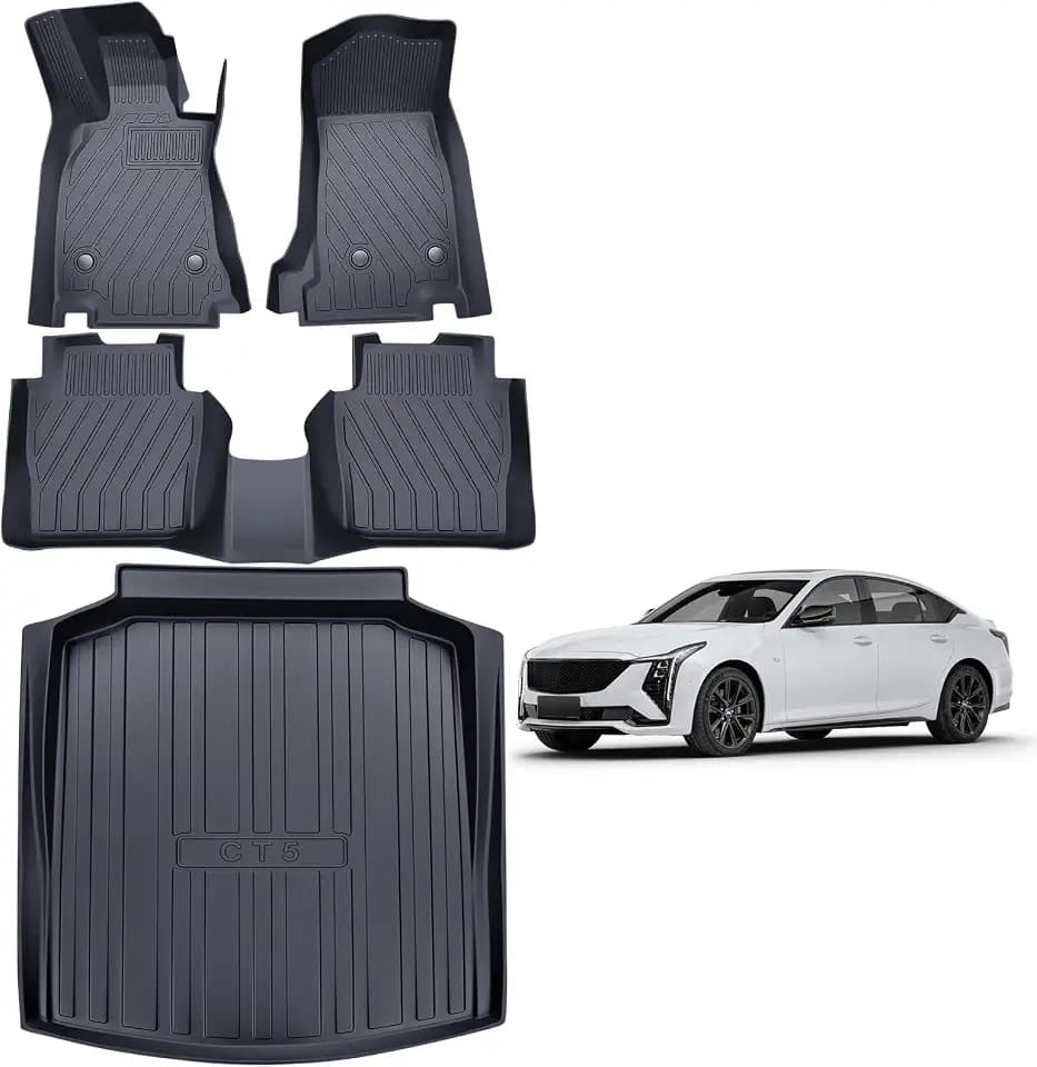 TPE Floor Mats & Cargo Liner for Cadillac CT5 & CT5-V 2020-2026 All-Weather Protection | Full Coverage | Odorless Car Mats & Trunk Tray Custom Fit Set Accessories - Black