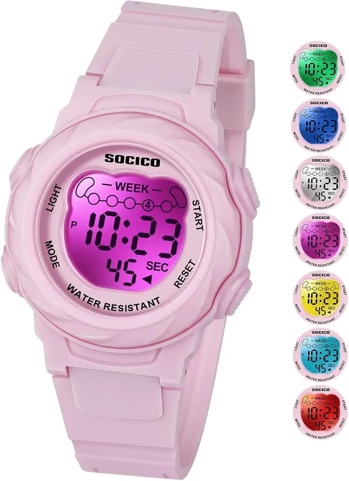 SOCICO Kids Digital Watch 5ATM Waterproof & 7 Color Lights for Boys Girls