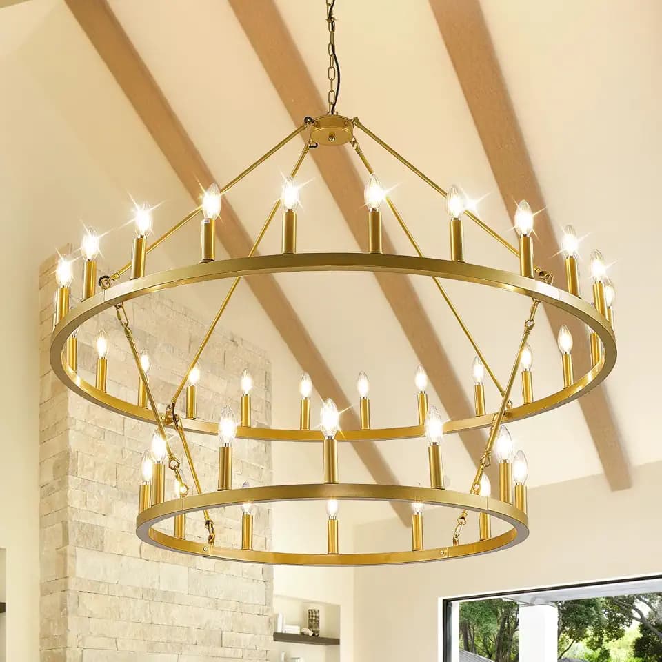 WJShome 47" Gold Wagon Wheel Chandelier, 2 Tiers 36-Light Large Farmhouse Chandelier for High Ceilings, Round Rustic Pendant Light Fixture for Foyer, Entryway, Dining Room, Staircase