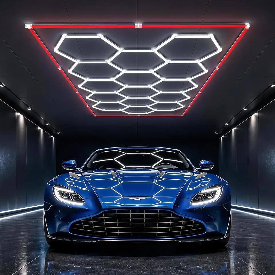 HYPERLITE Gen II Hexagon Garage Lights: 15 Grids with Border DIY Hexagon Led Lights, 6500K Ultra Bright, Easy Install Hex Light, Durable Design for Garage, Car Detailing, Workshops, Gym(Red)