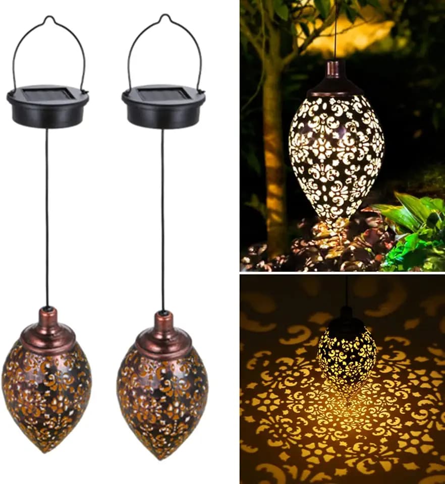 (2 Pack) Hanging Solar Lights, Tomshine Solar Lantern LED Moroccan Garden Decor, Metal Solar Lanterns Outdoor Waterproof for Outside, Patio, Porch, Pathway Hanging Decor
