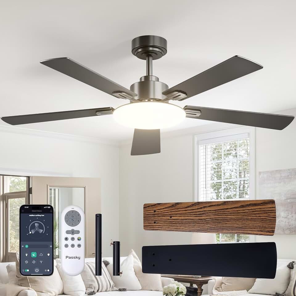 Passky 52 Inch Black Sleek Ceiling Fans with Lights, Remote Control