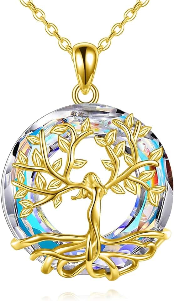 AOBOCO Baum des Lebens Halskette, 925 Sterling Silber Göttin Baum Anhänger mit Kristall von Austria, Schmuck Geschenke für Frauen
