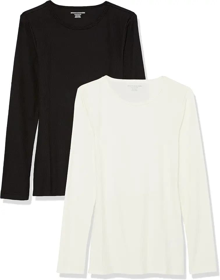 Amazon Essentials Women's Slim-Fit Long Sleeve Rib Knit Crew Neck T-Shirt (Available in Plus Size), Pack of 2
