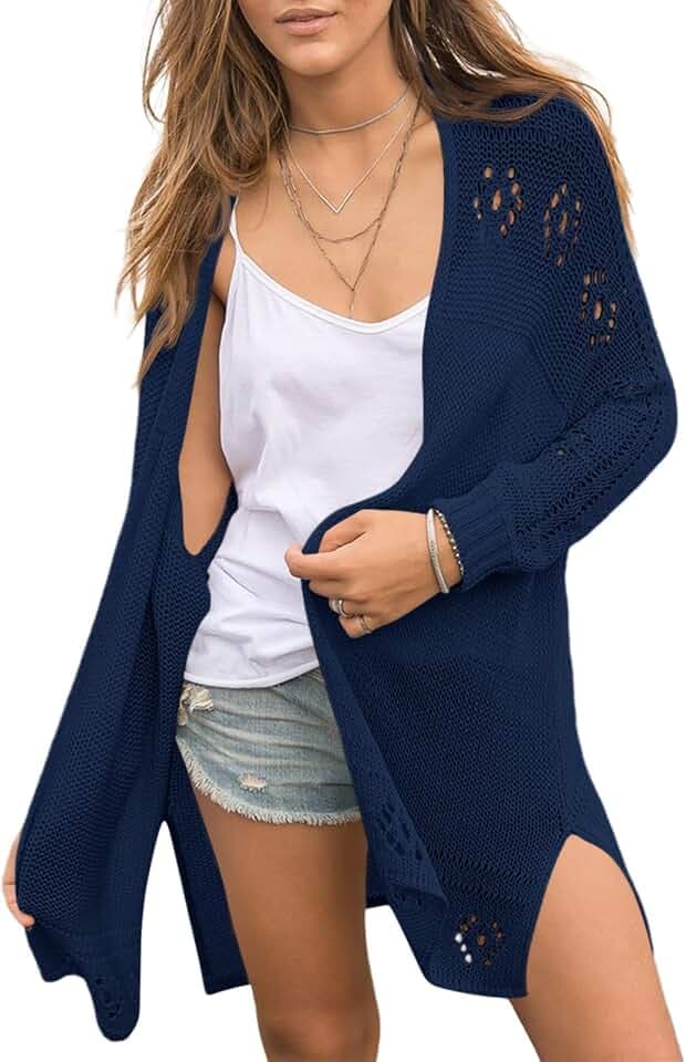 Saodimallsu Womens Crochet Lightweight Cardigans Casual Summer Open Front Boho Knit Long Sleeve Kimonos