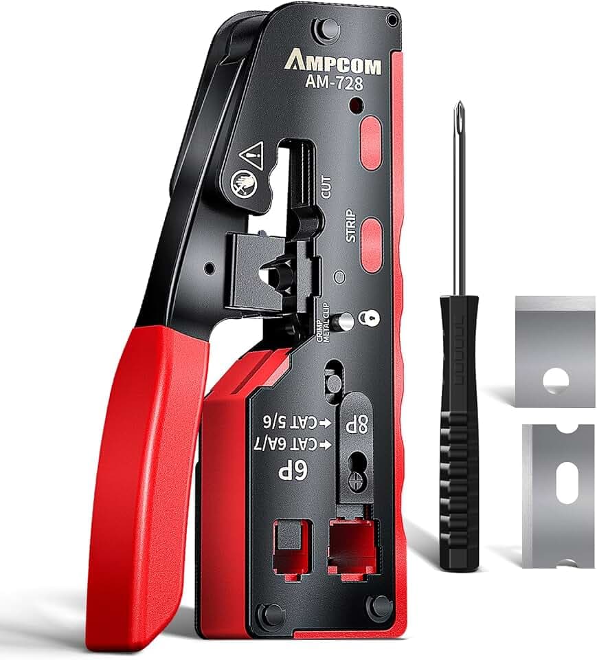 AMPCOM Pass-Through RJ45 Crimpzange – All-in-One Ethernet-Crimper für STP/UTP RJ45 & RJ11 Stecker, kompatibel mit Cat8, Cat7, Cat6A, Cat6, Cat5e, Cat5 – Modell AM-728RD