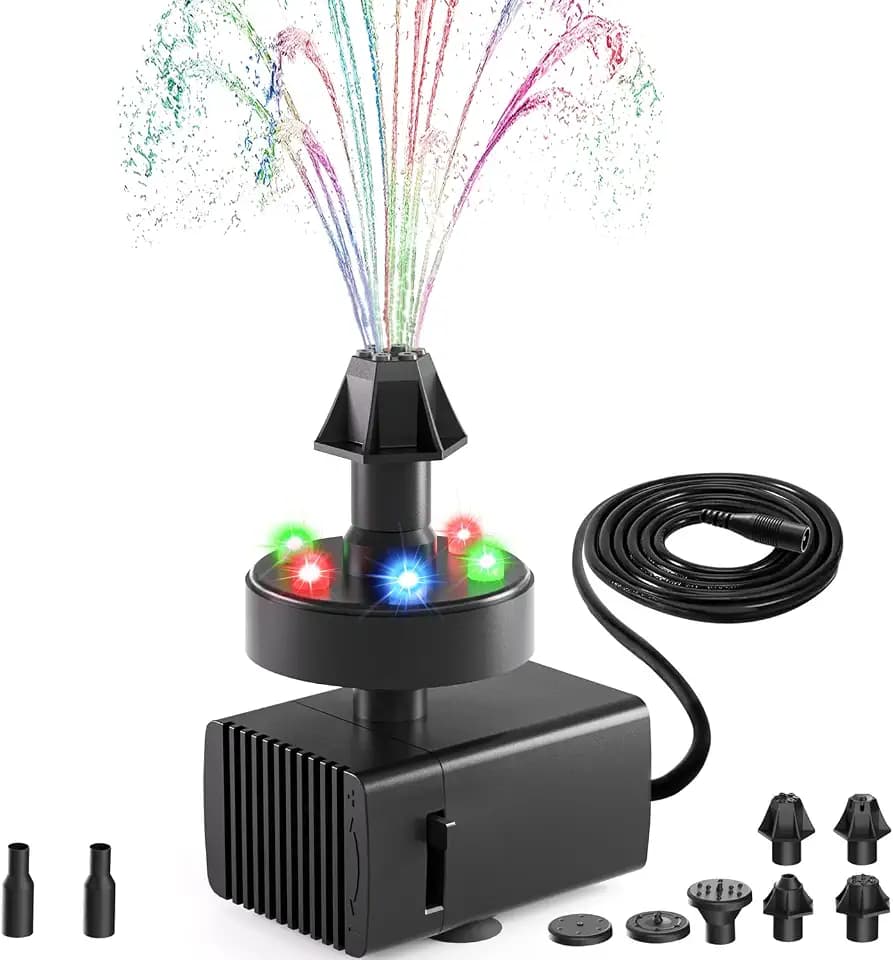SZMP Bird Bath Fountain Colorful Light 16.4Ft Adapter Adjustable Water Pump
