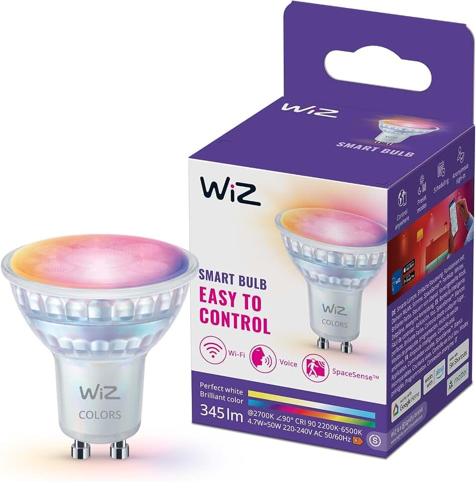 WiZ Smart GU10 LED Spot Glas, Color und Tunable White, äquivalent 50 W, 2200–6500 K, 345 Lumen, dimmbar, funktioniert mit Alexa, Google Assistant, und Apple Home, 1er Pack