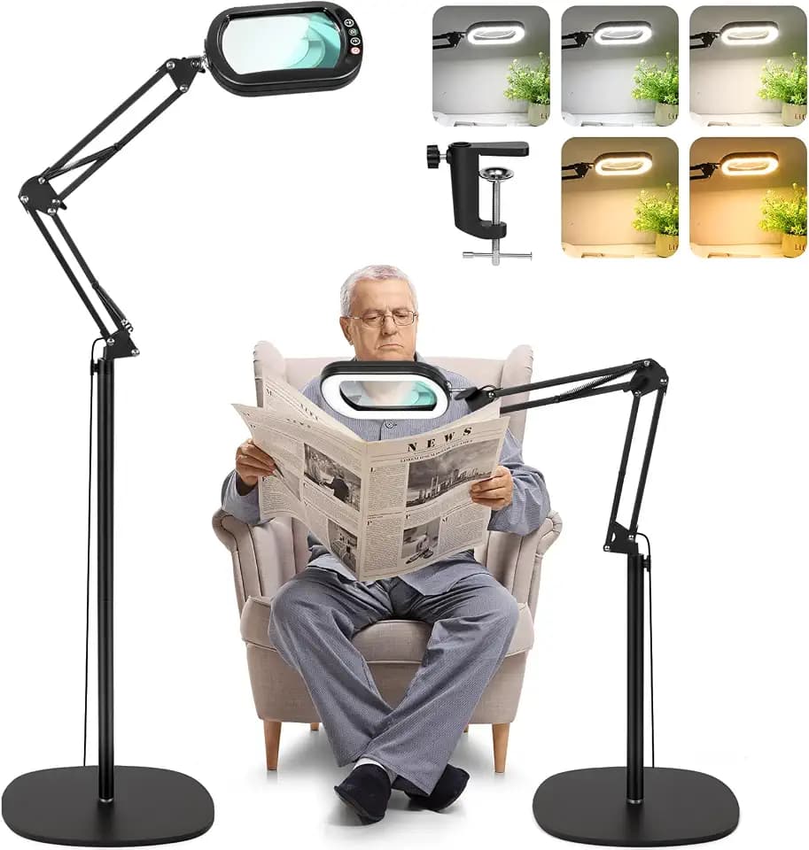 12X Lupe mit Licht und Ständer, 3-in-1 Lupen-Stehleuchte, 5 Farbmodi Dimmbar lupenlampe, leselupe für senioren groß, vergrößerungsglas Hände Frei für Malerei, Kunsthandwerk, Nähen, chließen Arbeit
