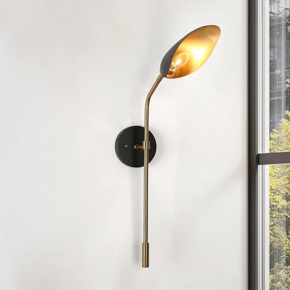 KSANA Black and Gold Wall Sconce, Mid-Century Modern 1-Light Sconce Wall Lighting with Metal Leaf-Shaped Shade Vintage Wall Mount Light Fixtures for Living Room Bedroom Hallway, 22" H