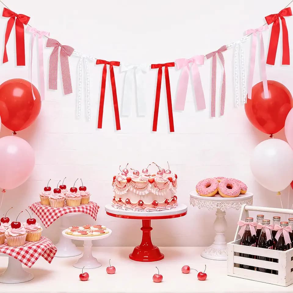 Red and White Gingham Bow Garland, White Lace Pink Red Gingham Bow Garland Plaid Ribbon Bows Banner Decor for She's Ready to Pop Baby Shower, Cherry Birthday Bachelorette Wedding Party Decor