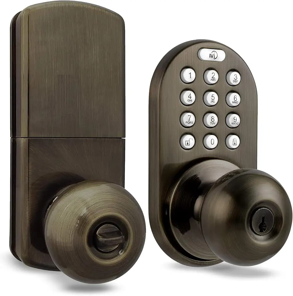 MiLocks TKK-02AQ Digital Door Knob with Keypad - Keyless Entry Knob Lock with Code - Interior Door Keypad Lock for Bedrooms & Storage Rooms, Adjustable Latch, Auto-Locking Audible Alert, Antique Brass