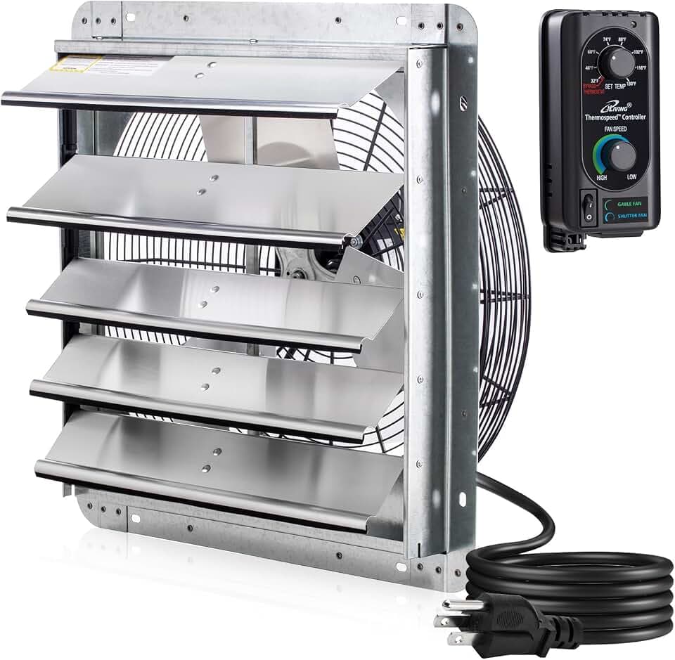 iLIVING 18" Wall Mounted Shutter Exhaust Fan, Automatic Shutter, with Thermostat and Variable Speed controller, 0.85A, 1736 CFM, 2600 SQF Coverage Area Silver (ILG8SF18V-ST)