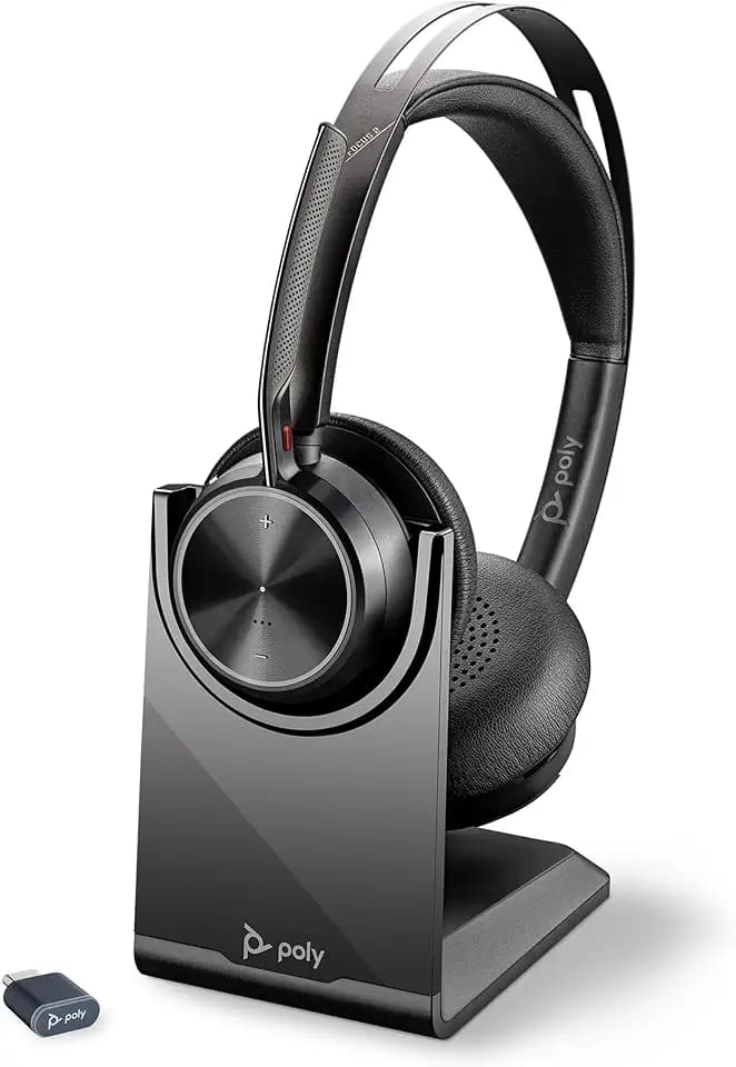 Poly Voyager Focus 2 UC schnurloses Headset mit Mikrofon und Ladestation – Active Noise Cancelling (ANC) – Verbindung mit PC/Mac/Mobiltelefon über Bluetooth – Kompatibel mit Teams, Zoom und anderen