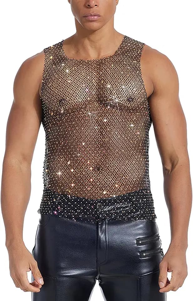 FYMNSI Herren Netz Hemd Transparent Oberteile Tank Top Muskelshirt Sommer Ärmellose Muskel Top Unterhemd Unterwäsche Gogo Clubwear