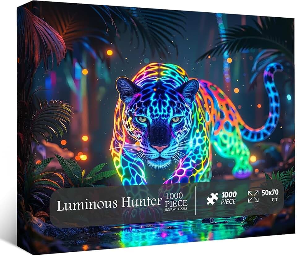 Wild Leopard Puzzles for Adults 1000 Pieces, Neon Jungle Forest Wildlife Jigsaw Puzzles, Colorful Hunting Animal Puzzle