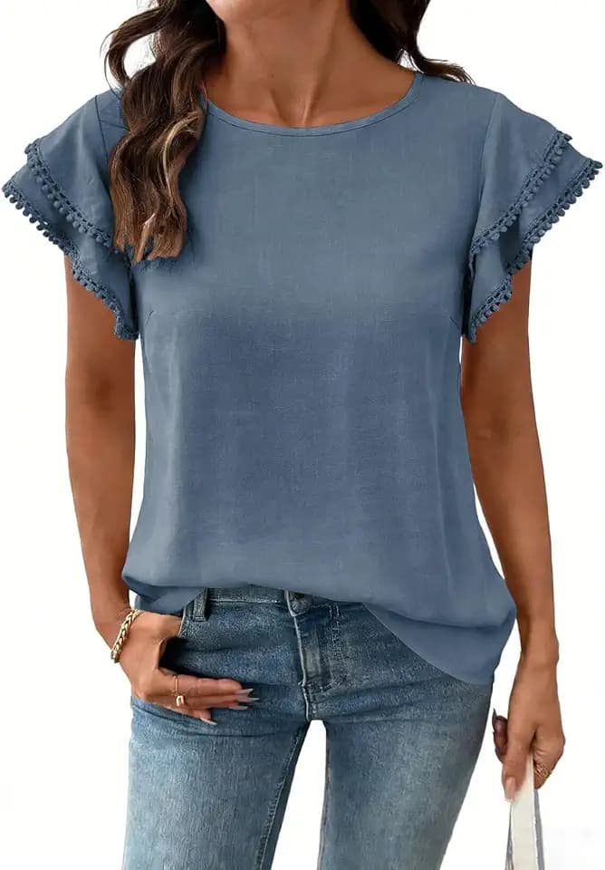 Dokotoo Summer Tops for Women 2026 Casual Round Neck Ruffle Cap Sleeve Blouse Shirts Solid Color Tunic Tops