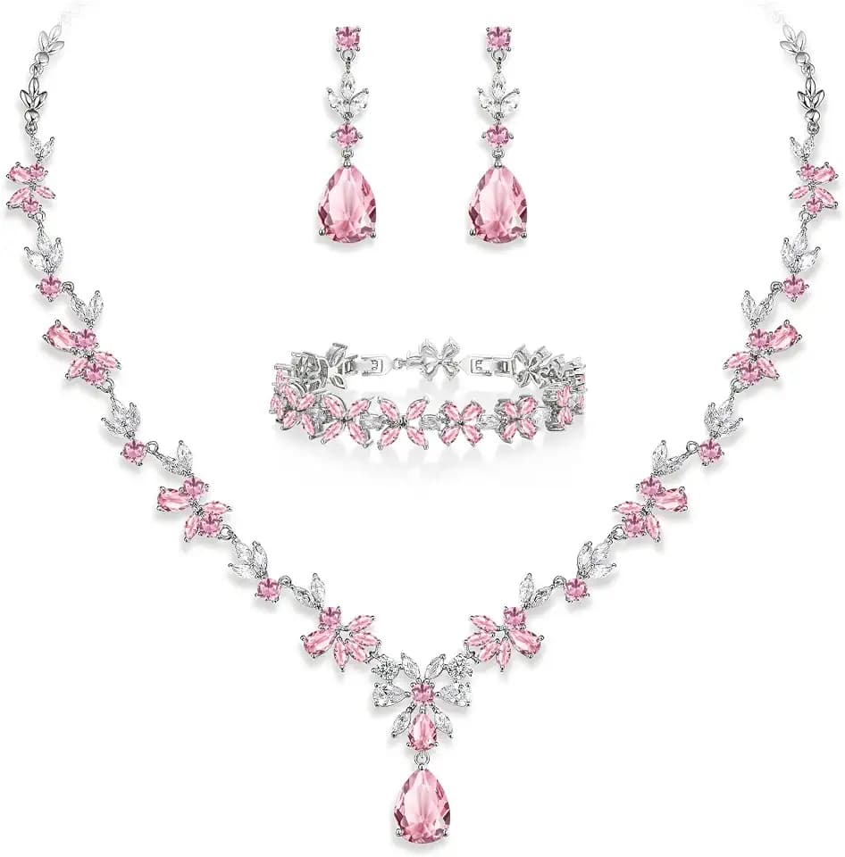 EVER FAITH Cubic Zirconia Drop Flower Leaf Bridal Jewelry Set for Bride