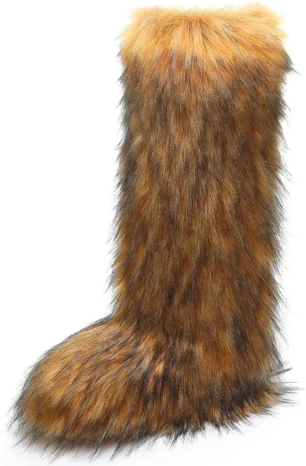 YXCFEWD Faux Fur Boots for Women Winter Knee High Furry Boots Fuzzy Fluffy for Girls Flat Snow Long Boots