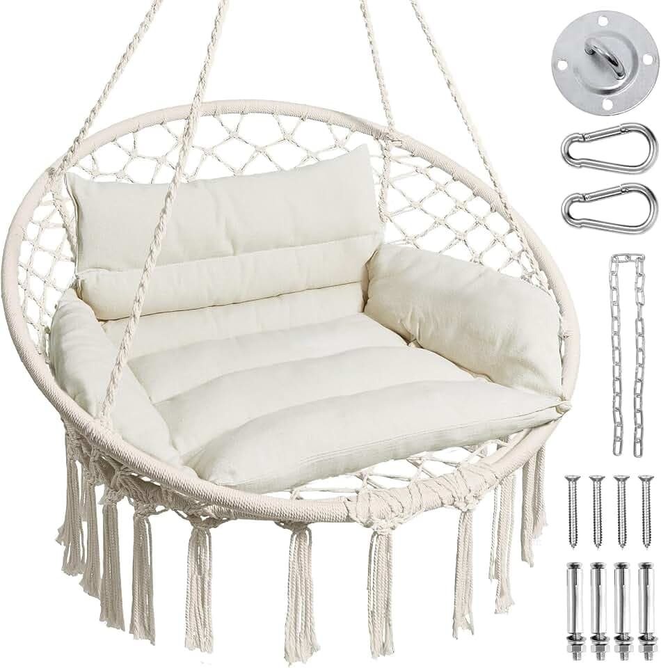 Greenstell Hammock Chair, Macrame Swing Chair with Comfy Cushion, Boho Hanging Chair for Outdoor & Indoor, Perfect for Bedroom, Patio, Balcony, Hold up to 350Lbs, Beige