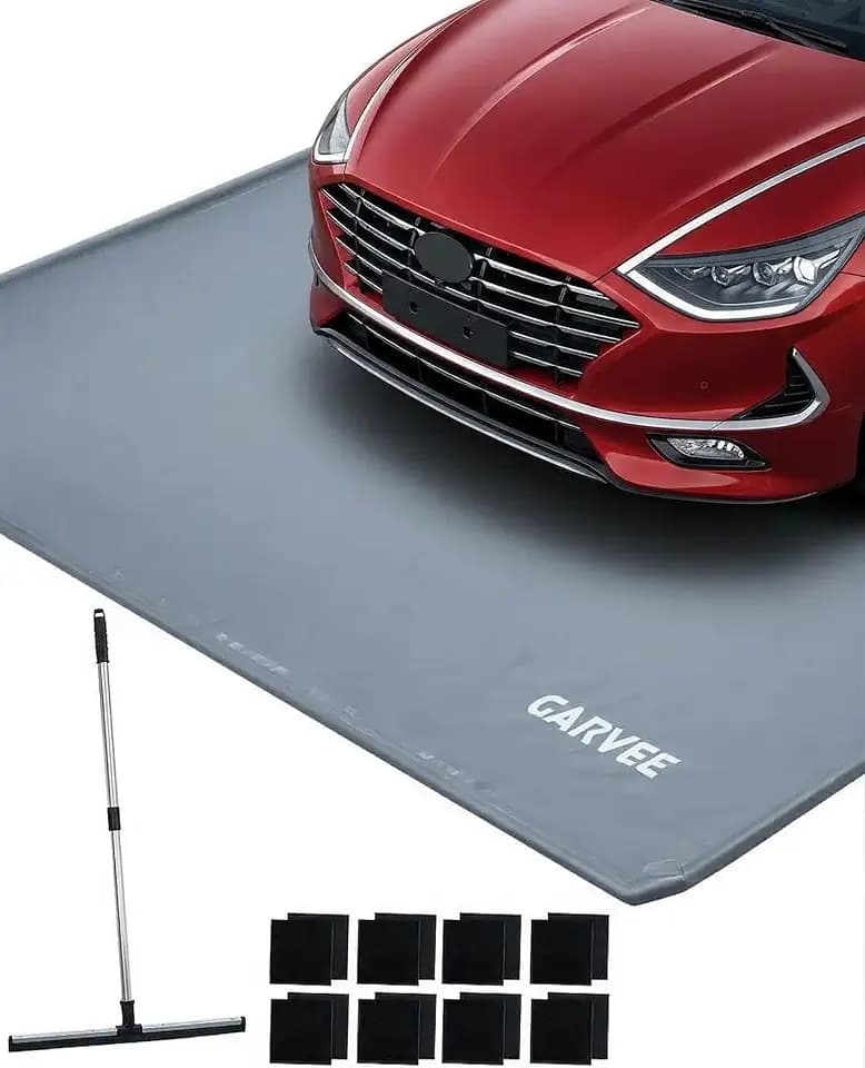 Garage Mat with Raised Edge, 1000D PVC Non-Slip Floor Protector for Cars Trucks SUVs, Snow Melt Containment Tray for Winter, Comes with Squeegee & 8 Attachment Straps, 4 Size Options (7.9x16 to 8.6x22