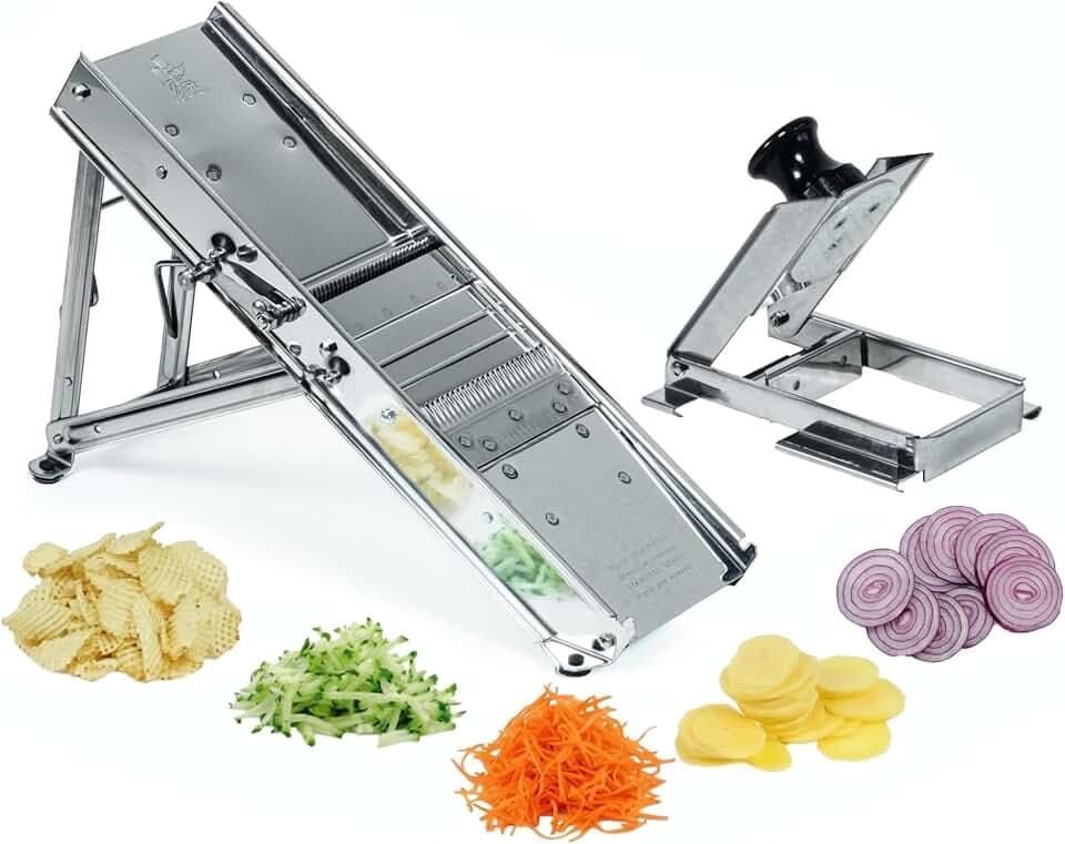Louis Tellier - Edelstahl-Mandoline mit Schlitten - Professionelle Qualität - Verstellbare Schnittdicke 3-10 mm - 25 x 12 x 7 cm - Ideal für Gemüse, Obst und Käse