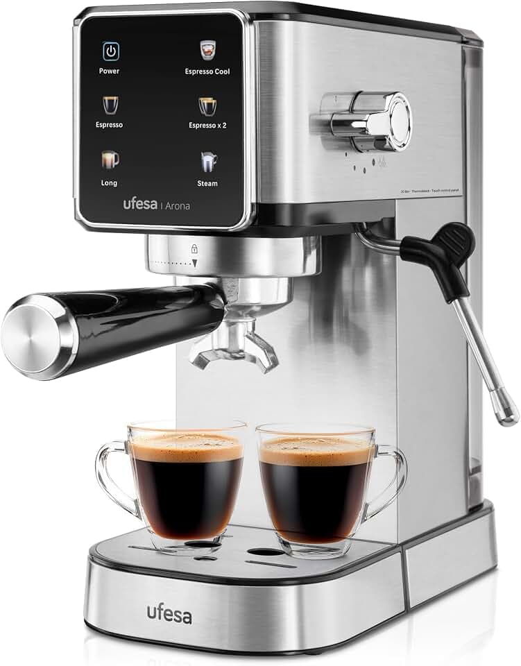 Ufesa Arona Espressomaschine 1350W mit Farbigem Touchpanel, 20 Bar, Espresso-Cool-Funktion, Verstellbare Dampfdüse, 1L Wassertank, Metall-Siebträger, Kompaktes Design, Kalter Kaffee