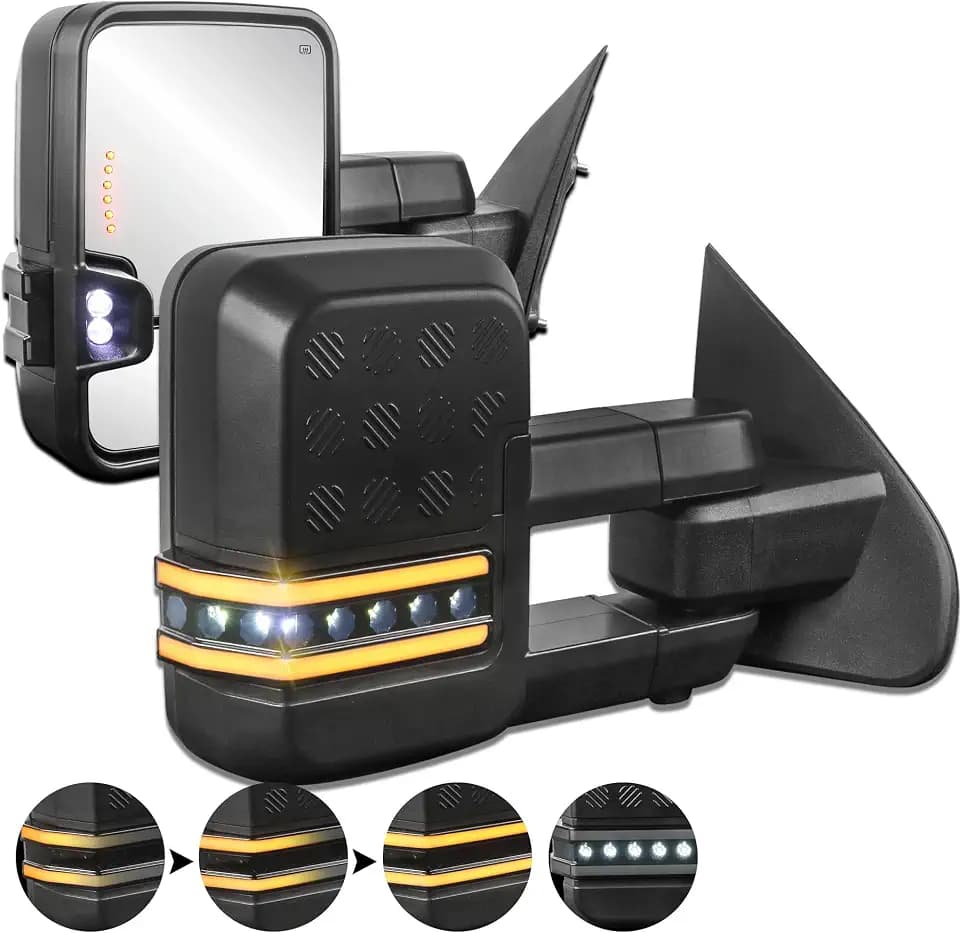 KUIPERAUTO Heated Power Towing Mirrors Compatible for 2014-2019 Chevy Silverado 1500 2500 3500 HD/GMC Sierra w/Sequential Turn Light White Running light, Extended Pair Set Black