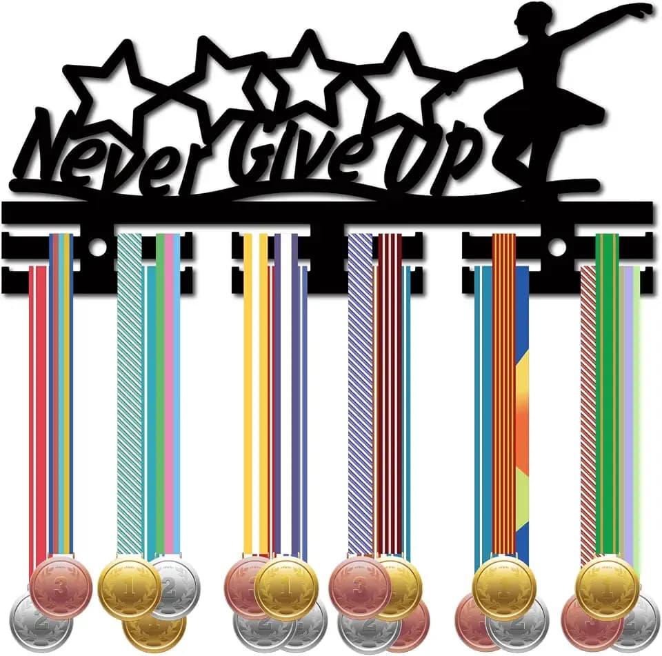 CREATCABIN Medaillenhalter,Medaillenaufhänger,Display,Acryl-Medaillenständer,Sport-Medaillenrahmen Aufhängen An Der Wand,Schwarz,Sterne Für Wand,Fußball,Laufen,Karate,29x13cm-Geben Sie Niemals Auf