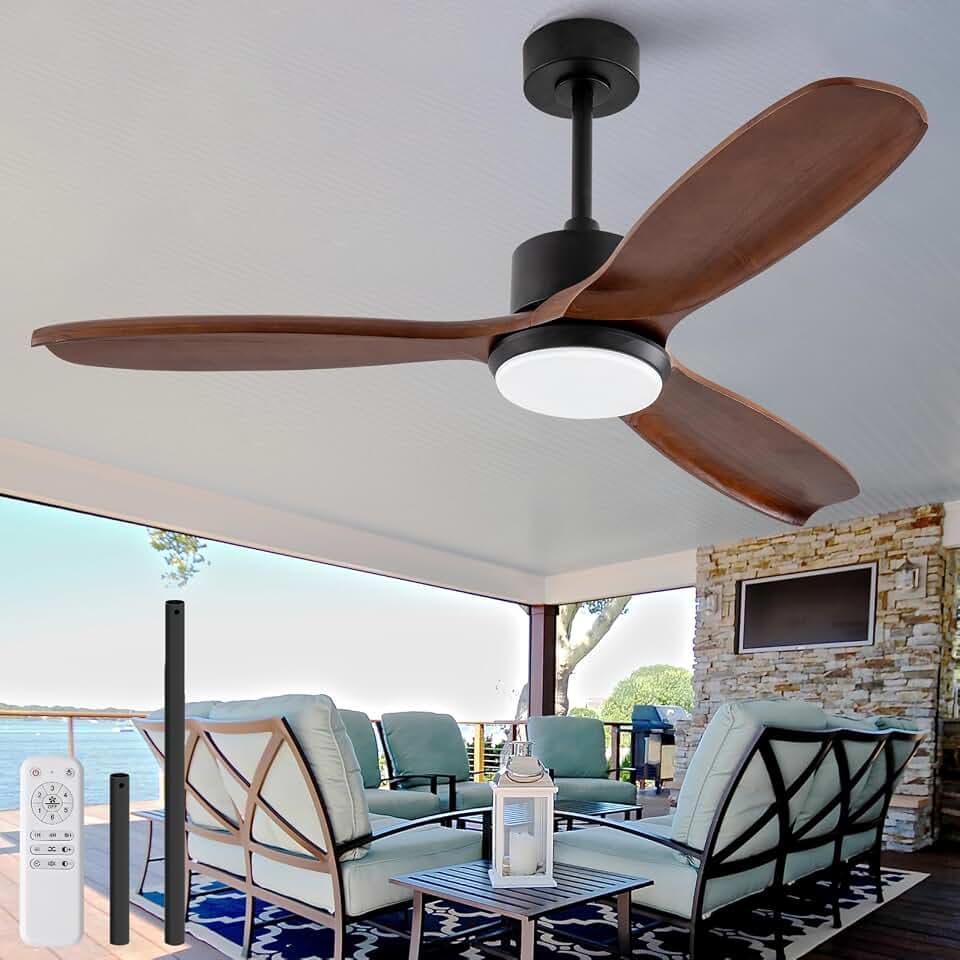 KBZZ 52 Inch Ceiling Fans with Lights and Remote, Solid Wood Blades, Dimmable, Reversible DC Motor, Memory Function, Modern Indoor Outdoor Ceiling Fan with Light for Patio Bedroom (Black Walnut)
