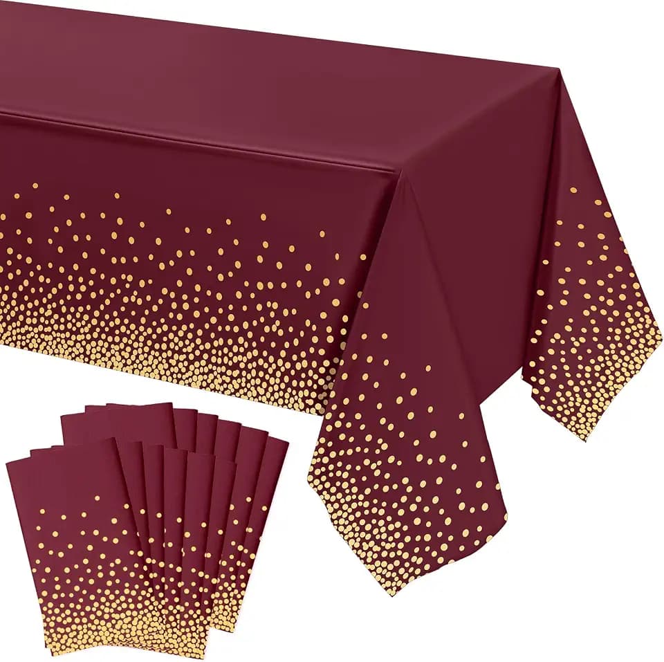 Tegeme 12 Pcs Maroon, Gold Plastic Tablecloths Burgundy Table Cloths Party