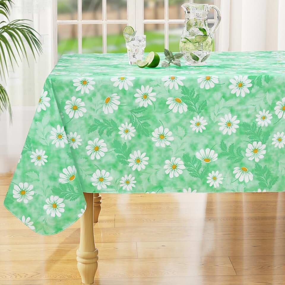 misaya Rectangle Waterproof Vinyl Table Cloth, Wipeable Tablecloth with Flannel Backing, Plastic Table Cover for Dinner, Picnic, Indoor and Outdoor (Green Daisy, 60" x 102")