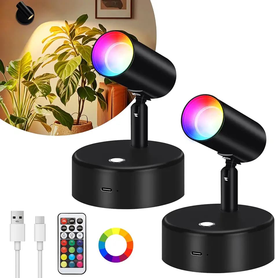 2 Stück LED Strahler Akku mit Fernbedienung RGB, 5500mah Bilderleuchte Kabellos, Aufladbar Wandstrahler Innen, 13 Farbe Kabellose Spotlight, Dimmbar Pflanzenstrahler Batterie Schwarz