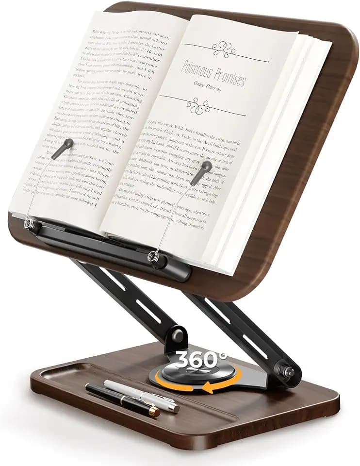 SupeDesk Buchständer zum Lesen, Buchhalter mit 360° drehbarer hölzerner Basis & Stiftschlitz, verstellbarer Holz-Buchhalter Leseständer mit elastischem Kugel-Seitenclip für Zeitschrift,Tablet,Laptop