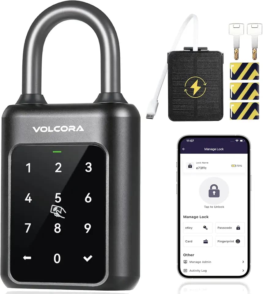 Volcora Fingerprint Padlock Smart Gym Locker Lock with Solar Panel, Electronic Digital Bluetooth App Smart Padlock with Keypad, Rechargeable Biometric Lock, Gate Lock, Short Shackle